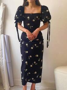 Vestido vacacional floral 2026, cuello barco, manga pompom, corte ajustado largo estilo francés - Negro - Ver 1