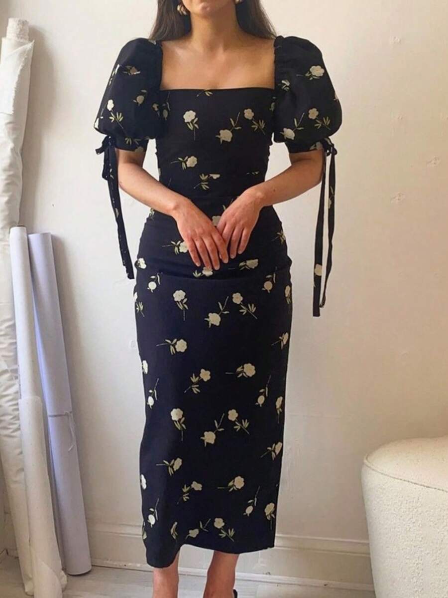 Vestido vacacional floral 2026, cuello barco, manga pompom, corte ajustado largo estilo francés - Negro - Ver 1