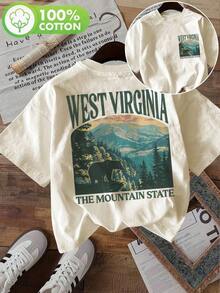 Gift Women's Double-Sided Print Blouses, Women's Casual Summer Top, Vintage Style, West Virginia The Mountain And Bear Print, Crew Neck, Short Sleeve, Size L, Gym Y2K, Crew Neck, 100% Cotton, Soft Fabric, Short Sleeve. Soft - 杏 - 查看 7