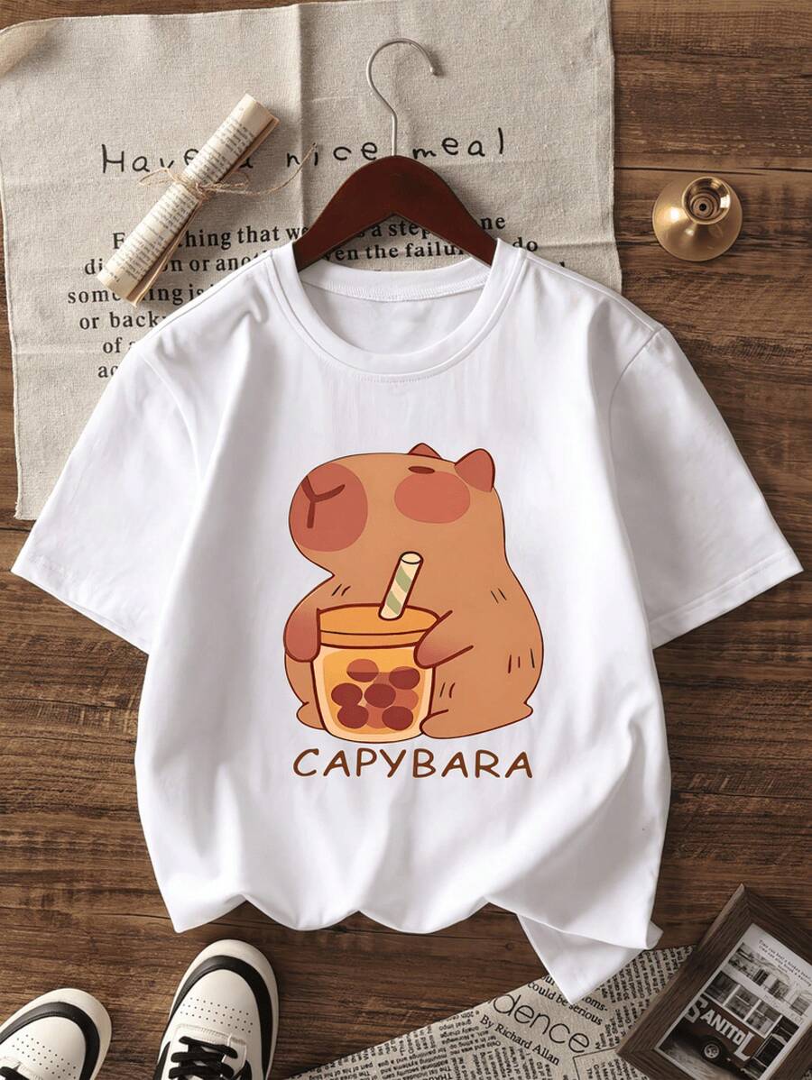 Women's Casual Sports T-Shirt With A Bear Bubble Design - White Stretch Crew Neck T-Shirt, Machine Washable, For All Seasons. Leisure Garment With A Fun Print And Opaque Fabric. - 白色 - 查看 1