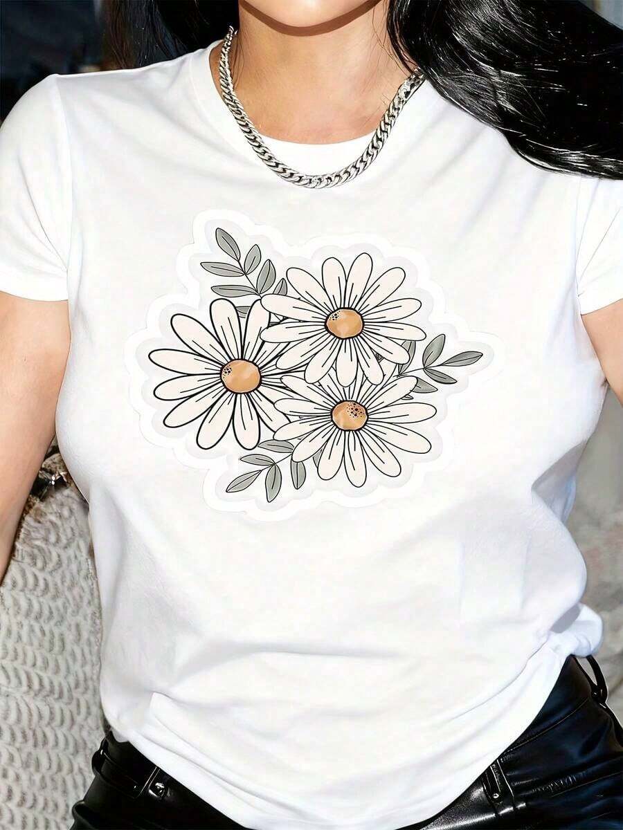 Women's Daisy Print T-Shirt - Pastel Lavender With White Daisies And Green Foliage, Soft Crew Neck, Short Sleeve, Casual Style, All-Season Comfort, Machine Washable, Versatile For Everyday And Formal Wear, Valentine's Day Gift, Birthday Outfit, Floral Blouse For Women - 白色 - 查看 1
