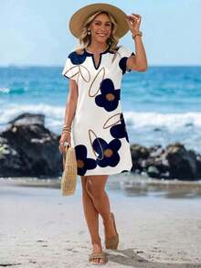 Vestido corto minimalista casual con cuello en V, adecuado para primavera y verano, ropa de verano para mujer, a rayas de colores, ropa de resort para mujer - Multicolor 5 - Ver 7