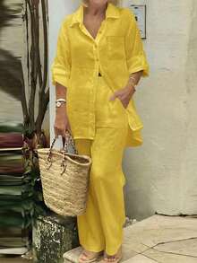 Cardigan casual con cuello polo ligero, blusa elegante de unicolor versátil adecuada para la playa, el diario, el trabajo, las compras, de tela suave, pantalones sueltos con cintura elástica, conjunto de 2 piezas, primavera/verano/otoño - Amarillo - Ver 4