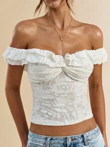 Women Summer Coquette Off Shoulder Ruffle Lace Crop Top Twist Front Short Sleeve Blouse - White - View 2