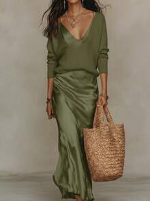 Slip Maxi Dress & V-Neck Knit Sweater Two-Piece Outfit, Elegant Casual Matching Set - Hijau - View 1