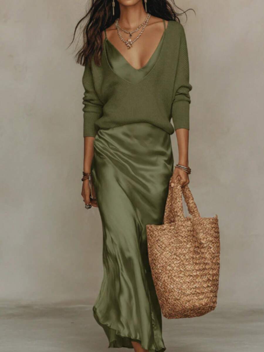 Slip Maxi Dress & V-Neck Knit Sweater Two-Piece Outfit, Elegant Casual Matching Set - Hijau - View 1
