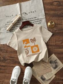 1 pieza Camiseta de manga corta de cuello redondo básica con estampado de letra de lema de dibujos animados creativa para niños pequeños/bebés, casual y de moda - Albaricoque - Ver 3