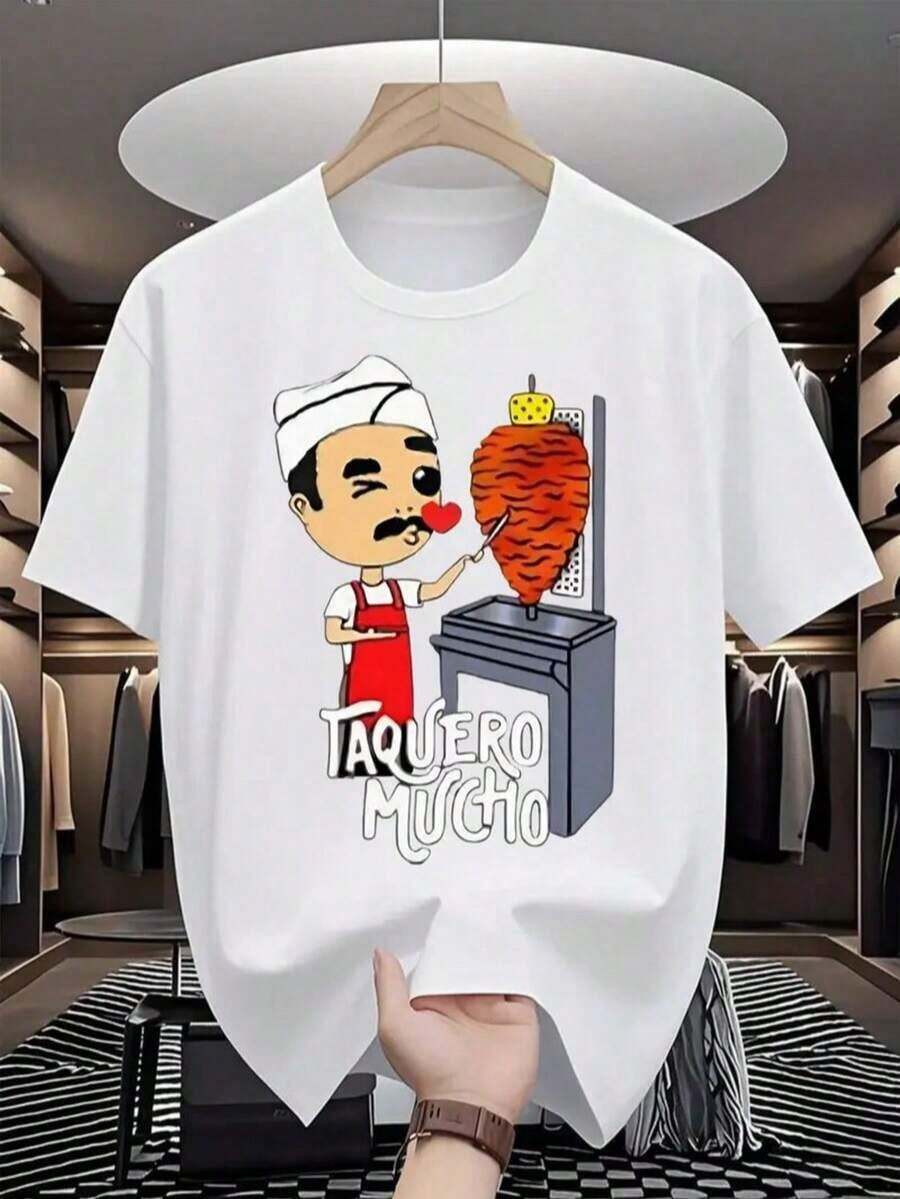 Women's Blouses, Women's T-Shirts, Casual Blouses For Ladies. Oversized Printed T-Shirt For Women With A Cartoon Of A Taquero Preparing Al Pastor Meat, Featuring The Fun "Taquero Mucho" Design, Ideal For A Casual Look With Mexican Humor. ITJR - 白色 - 查看 1