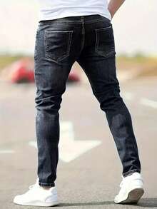 Plus Size Men's Fashionable Distressed Stretch Denim Jeans - Light Grey - View 2