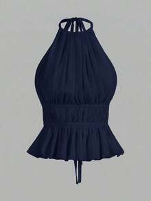 Top de tirantes sin espalda con cuello de halter y cintura anudada plisada para mujer - Azul marino - Ver 11