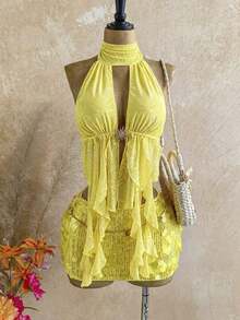 Blusa de mujer con encaje bordado, escote halter, espalda descubierta, tirantes con lazo, bajo fluido y elegante, adecuada para la playa, cruceros y resorts - Amarillo - Ver 6