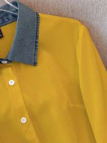 Camisa de efecto de mezclilla de parchwork casual para mujer, otoño/invierno - Naranja 2 - Ver 4