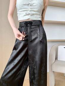 Women's New Chinese Style Jacquard Wide-Leg Pants, High-Waisted Decorative Button Straight Leg Elegant Casual Black Trousers Vacation - Black - View 6