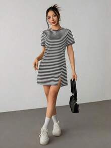 Vestido corto de manga corta para el verano con estampado de rayas y ribete a color block - Gris Oscuro - Ver 6