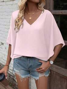 Camisa de manga de murciélago de unicolor casual, verano - Rosa Pálido - Ver 4
