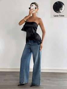 Top bandeau con encaje satinado mate - Negro - Ver 4