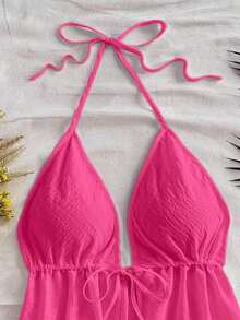 Camiseta de tirantes con cuello de halter y nudo en la espalda para mujer, adecuada para el verano - Rosado Sandía - Ver 5