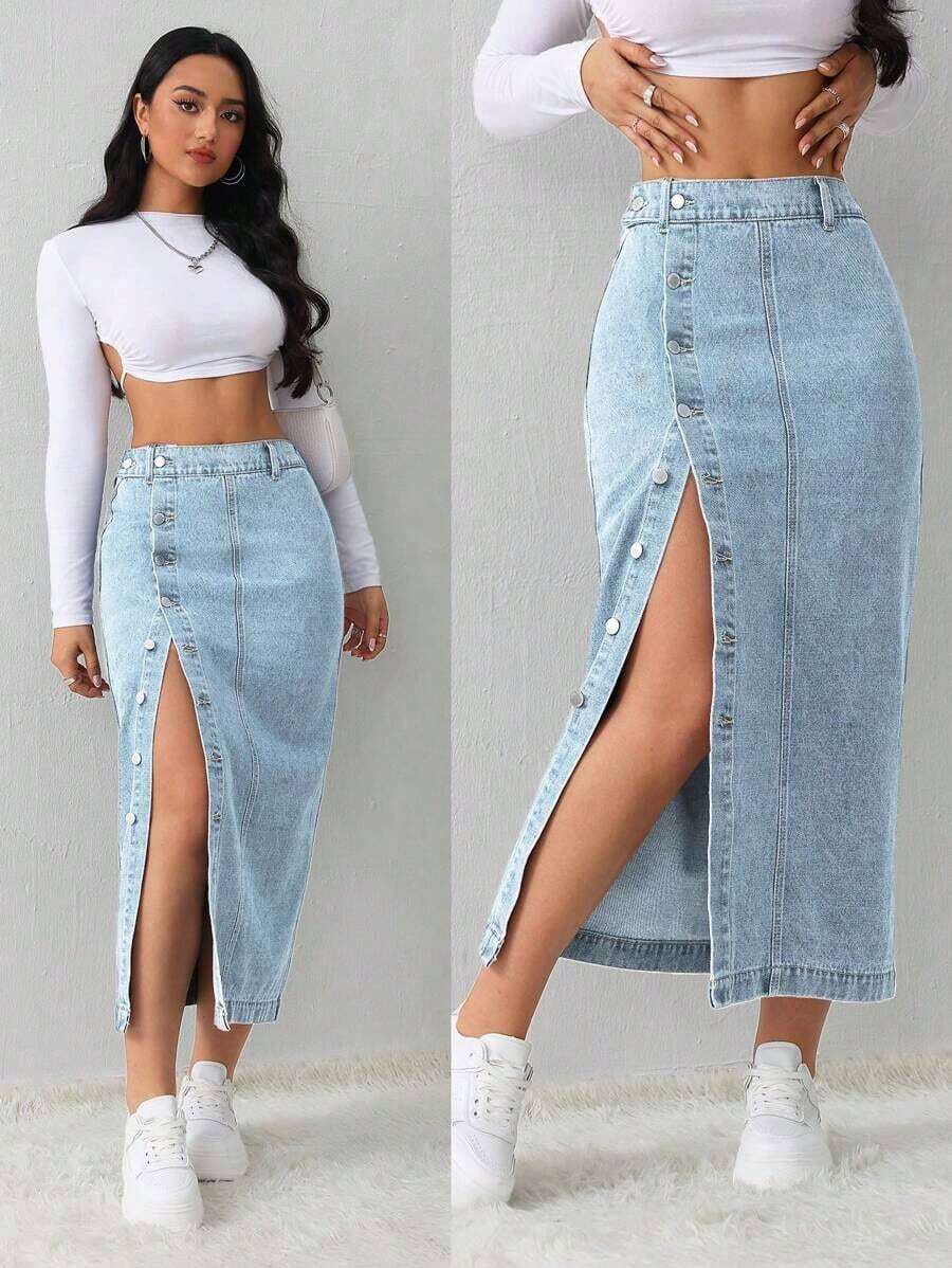 Tall Falda vaquera de mujer, casual, suelta, con abertura lateral, falda midi azul, falda larga para mujeres, falda azul claro, falda azul, ropa de invierno para mujer - Lavado ligero 2 - Ver 1
