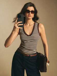 Camiseta de tirantes casual a rayas para mujer, de verano - Marrón - Ver 6