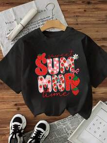 Camiseta de verano para mujer con estampado de fresas, manga corta, cuello redondo, hombros caídos, estilo casual. 78MR - Negro - Ver 2