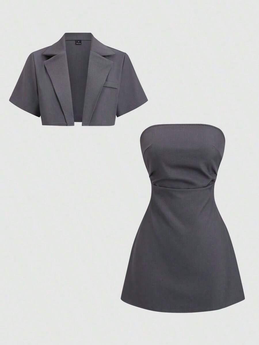 Conjunto de minivestido estilo francés, vestido de corpiño sexy para mujer - Gris Claro - Ver 1