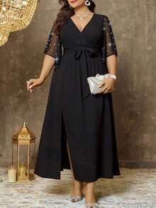 Vestido maxi elegante de fiesta con abertura, cuello en V ajustado, mangas acampanadas y cintura fruncida, talla grande para mujer - Negro - Ver 1