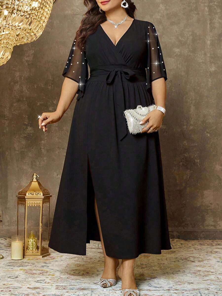 Vestido maxi elegante de fiesta con abertura, cuello en V ajustado, mangas acampanadas y cintura fruncida, talla grande para mujer - Negro - Ver 1