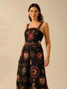 Mono negro casual de vacaciones de verano para mujer con diseños estampados bohemios de leopardo tropical, caparazón de tortuga de bambú, ojo del diablo, serpiente y pájaro, con bolsillos grandes y tirantes - Multicolor - Ver 3