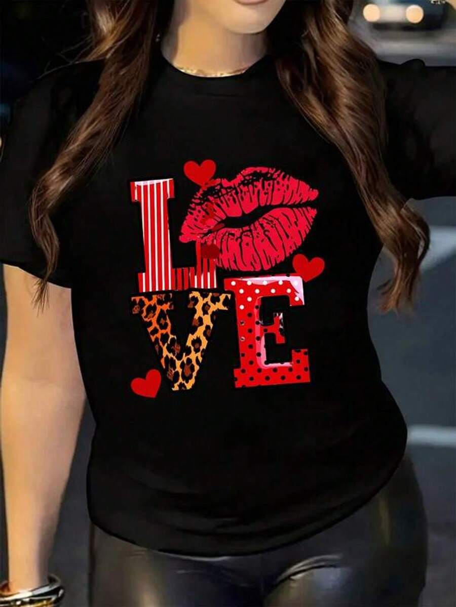 Camiseta casual de cuello redondo para mujer con estampado de corazón y labios de leopardo LOVE, manga corta, , ajuste regular, parte superior de primaveraveranootoño