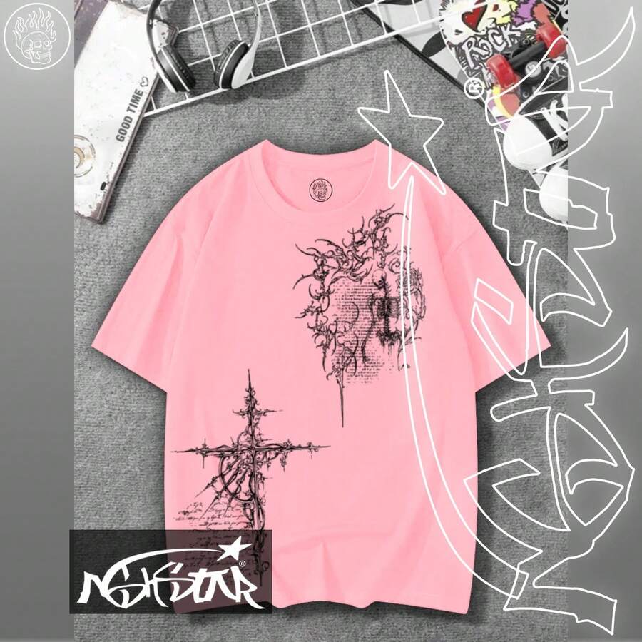 Camiseta T-Shirt Premium 100% algodão ASHSTAR "GOTHIC CROSS SKULL" - Rosa Bebê - Visão 1