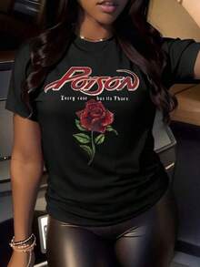 Mujer Camiseta de manga corta con estampado térmico de rosa roja y letras retro, diseño de frases de banda desgastadas con rosa, estilo urbano americano - Negro - Ver 7