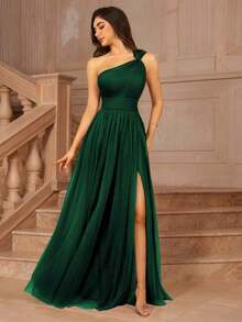 Vestido formal largo para dama de honor, invitada de boda, evento, verano, San Valentín, cumpleaños, con cuello cruzado asimétrico de un hombro, espalda descubierta, falda de tul en línea A, vestidos de mujer para otoño, regreso a clases, fiesta de bienvenida, cumpleaños, primavera elegante - Verde Oscuro - Ver 4