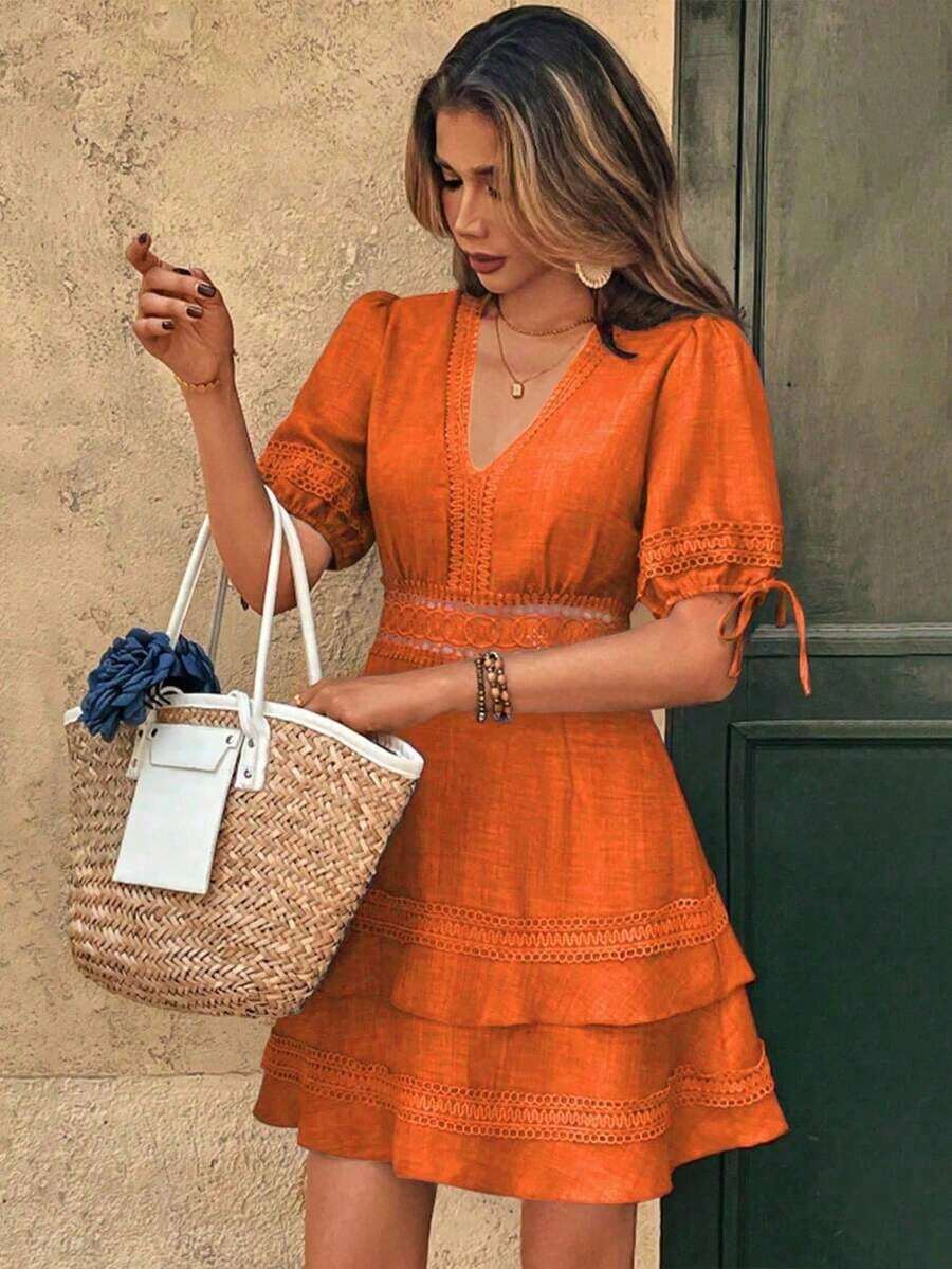 Vestido de verano de unicolor con ribete de encaje para mujer - Naranja - Ver 1