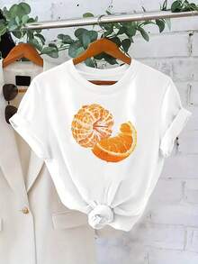 Plus Size, Summer Novelty, Women's Fashion Casual T-Shirt With Orange Slice And Pulp Print, Stylish Women's Clothing - 黑色 - 查看 11