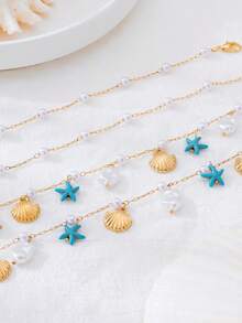 1 pieza Cadena para la cintura con estilo de vacaciones de la serie Océano, con estrella de mar, perla falsa y concha para mujeres - Amarillo Oro - Ver 4