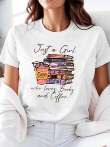 Camiseta de tela suave, estilo artístico, cómoda de llevar, con estampado de "Solo una chica que ama los libros y el café", además de estampados de libros, café y gafas, camiseta casual de moda para mujer de talla grande, de cuello redondo, para primavera-verano. - Blanco - Ver 1