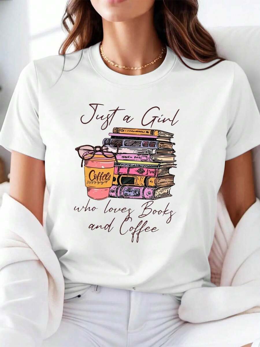 Camiseta de tela suave, estilo artístico, cómoda de llevar, con estampado de "Solo una chica que ama los libros y el café", además de estampados de libros, café y gafas, camiseta casual de moda para mujer de talla grande, de cuello redondo, para primavera-verano. - Blanco - Ver 1