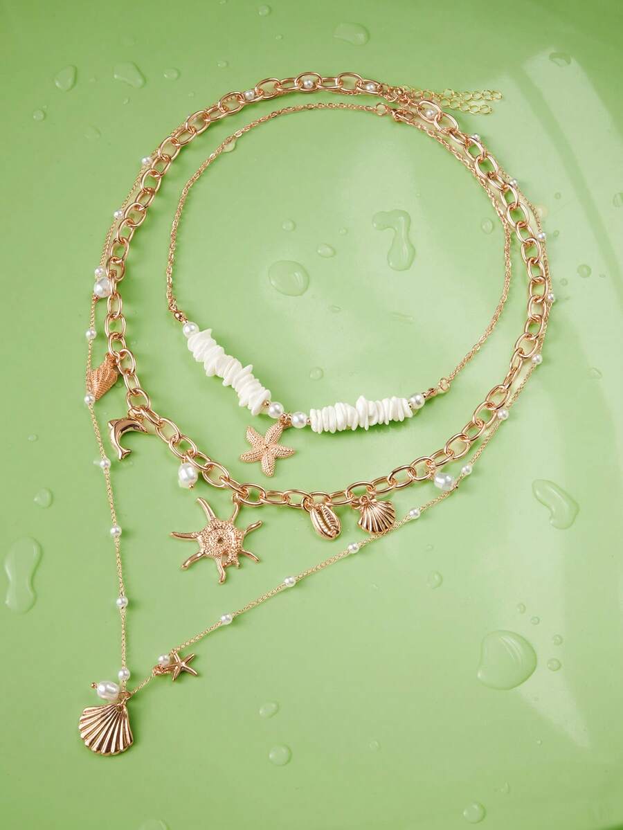 Trivaya 2pcs/Set Kalung Lumba-lumba Cangkang Berlian Imitasi Desain Elegan Unik Gaya Bohemian, Kalung Choker Serbaguna untuk Pakaian Pantai Musim Panas - MultiWarna - View 1