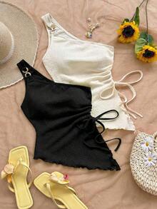 Blusa sin mangas de unicolor con bajo asimétrico, para verano - Blanco y Negro 2 - Ver 5