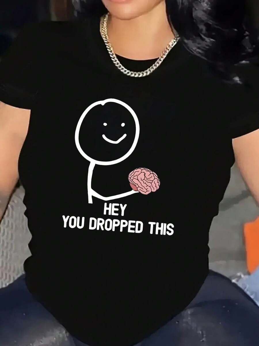 Camiseta Divertida para Mujer Cerebro Perdido - Estampado Lateral con Diseño de Cerebro, Cuello Redondo, Lavable aáquina - para Atuendos Casuales y Eventos Temáticos - Negro - Ver 1