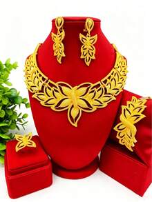 Bộ trang sức mạ vàng hình hoa 4 món gồm 1 dây chuyền, 1 đôi bông tai, 1 vòng tay, 1 nhẫn, trang sức thời trang dành cho nữ, phù hợp cho cô dâu châu Phi, châu Âu, Trung Đông, Dubai, Ả Rập Xê Út, thích hợp cho đám cưới, tiệc tùng, hẹn hò, quà tặng Ngày của Mẹ, Ngày Valentine, sinh nhật, quà tặng ngày lễ. - Vàng - Xem 1