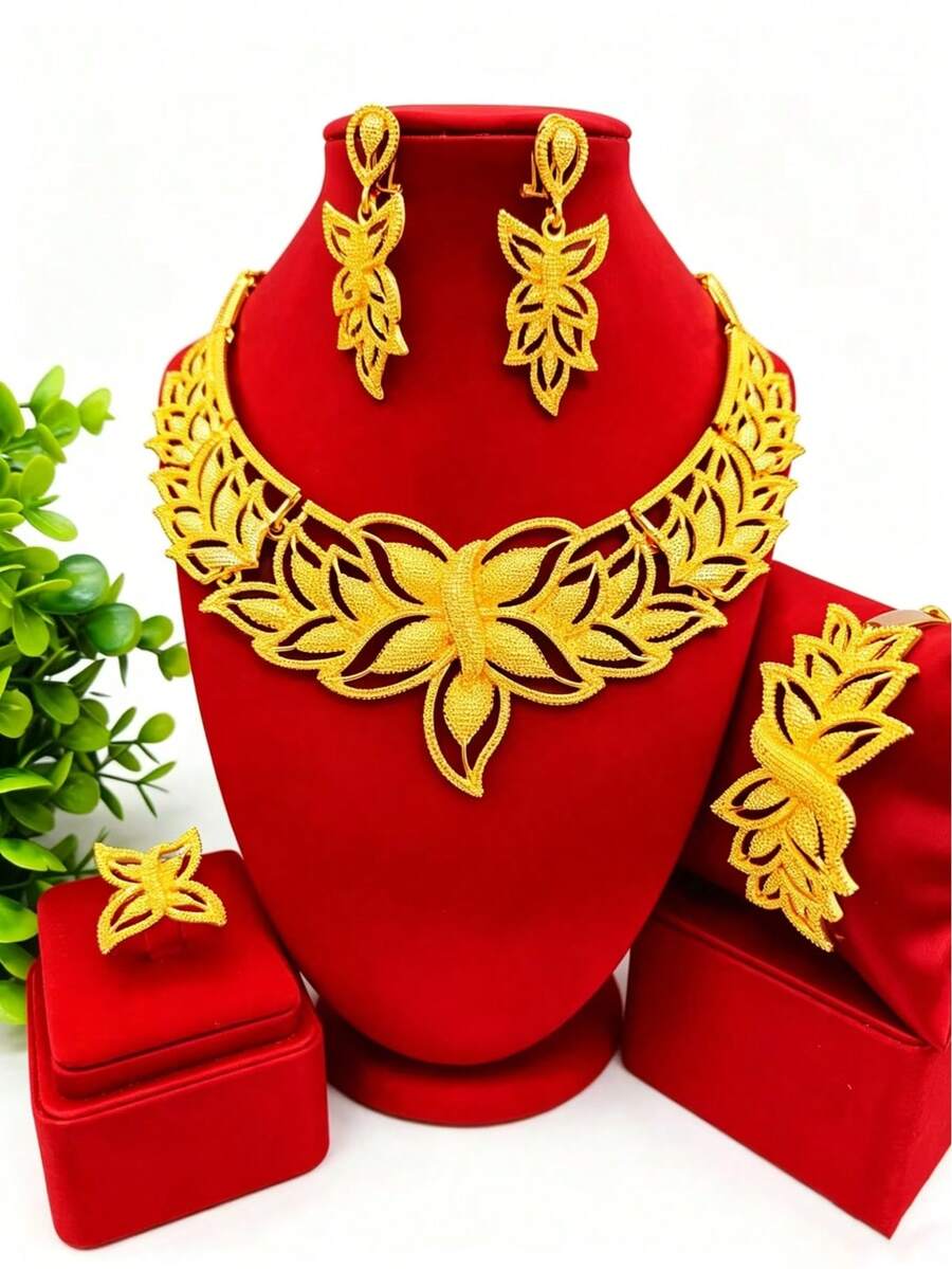 Bộ trang sức mạ vàng hình hoa 4 món gồm 1 dây chuyền, 1 đôi bông tai, 1 vòng tay, 1 nhẫn, trang sức thời trang dành cho nữ, phù hợp cho cô dâu châu Phi, châu Âu, Trung Đông, Dubai, Ả Rập Xê Út, thích hợp cho đám cưới, tiệc tùng, hẹn hò, quà tặng Ngày của Mẹ, Ngày Valentine, sinh nhật, quà tặng ngày lễ. - Vàng - Xem 1