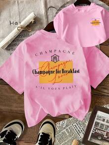 Camiseta vintage para mujer [estampado a doble cara], de manga corta, cuello redondo, estilo casual, con la marca "Champagne" y la frase "Champagne for Breakfast" impresa en un rectángulo amarillo en la parte trasera, lavable a máquina, adecuada para uso casual, ropa multiusos, camiseta a la moda, material cómodo, para entusiastas de la moda. - Blanco - Ver 7