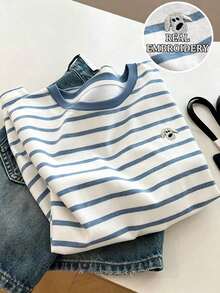 Camiseta de cuello redondo de color liso con detalles de lazo de pedrería de estilo minimalista - Multicolor 5 - Ver 1