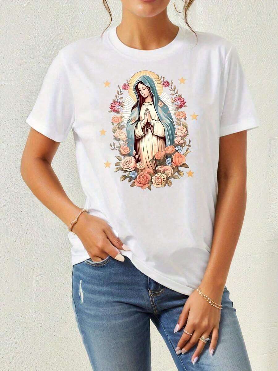 Women's Clothing Holy Mother Mary T-Shirt For Women - Casual Short Sleeve Blouse With Round Neck And Realistic Print, Machine Washable Religious Clothing For Church, Daily Wear And Events Women's Shirts - 白色 - 查看 1