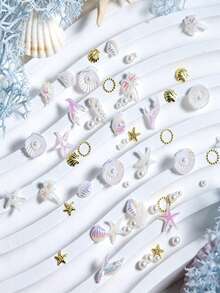 50件/包 混合炫彩海洋主题美甲装饰品 - 贝壳、海星、珍珠、金属环、DIY美甲配件 - 彩色 - 查看 7