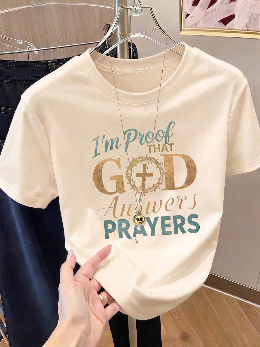 Women's Short-Sleeved Printed T-Shirt, Spring Clothing, Holiday Outfit, White For Summer, Beach Look, Vacation Style, Country Style, Women's Office Outfit. - 杏色 - 查看 1
