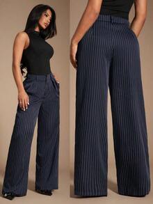 Pantalones de traje azul marino a rayas de estilo minimalista y moderno para mujer, pantalones de cintura alta, pantalones azules, pantalones a rayas, pantalones anchos de pierna ancha, pantalones casuales, pantalones de negocios, adecuados para salidas casuales, negocios, oficina, viajes y ocasiones formales - Azul - Ver 6