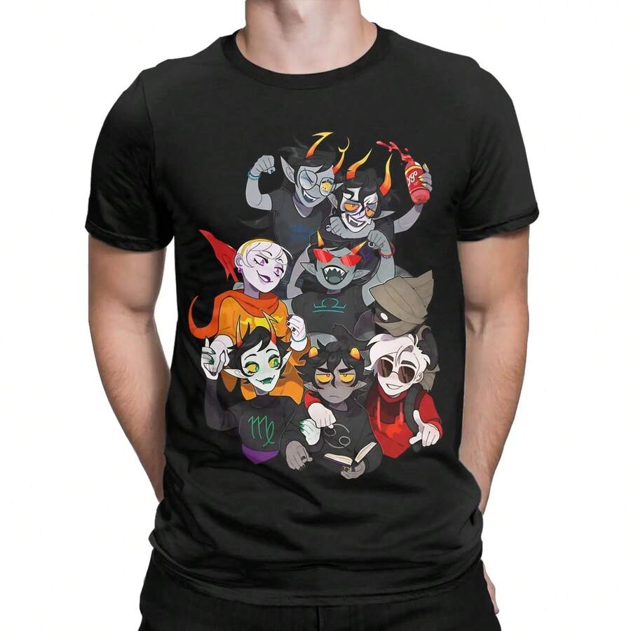 Stunning Karkat T-Shirt For Men And Women, Crew Neck, Cotton, Homestuck Style, Short Sleeves, Graphic Print, 220 Gsm, Pure Cotton, Short Sleeves, Thick Fabric, Wrinkle-Resistant And Won't Easily Lose Its Shape. Simple And Versatile Style, Lightweight And Breathable, Perfect For Work, Travel, Camping, Shopping, And Everyday Leisure. - 黑色 - 查看 1