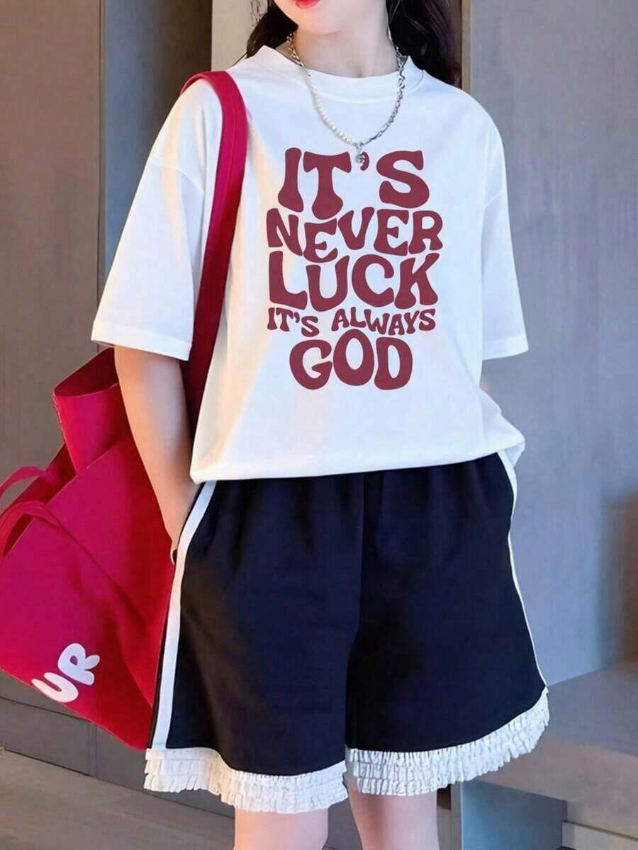 Camiseta Gráfica de Manga Corta Estilo Inspirador de Fe, 100% Algodón, Corte Holgado, con Texto Impreso "NUNCA ES SUERTE, SIEMPRE ES DIOS", Transpirable, Informal, para Uso Diario de Creyentes Cristianos, con Patrón de Letras, Camiseta de Manga Corta de Verano para Mujer Adulta, 100% Algodón, Camiseta Estampada para Mujer, 100% Algodón - Blanco - Ver 1